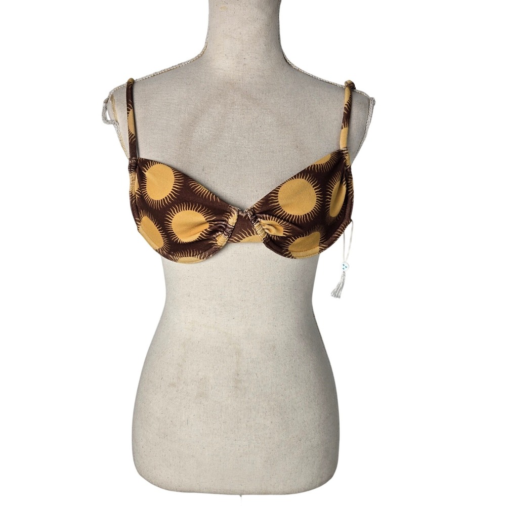 Frankies Bikinis Sun Print‎ Bikini Top Large Brown Yellow Twist Front